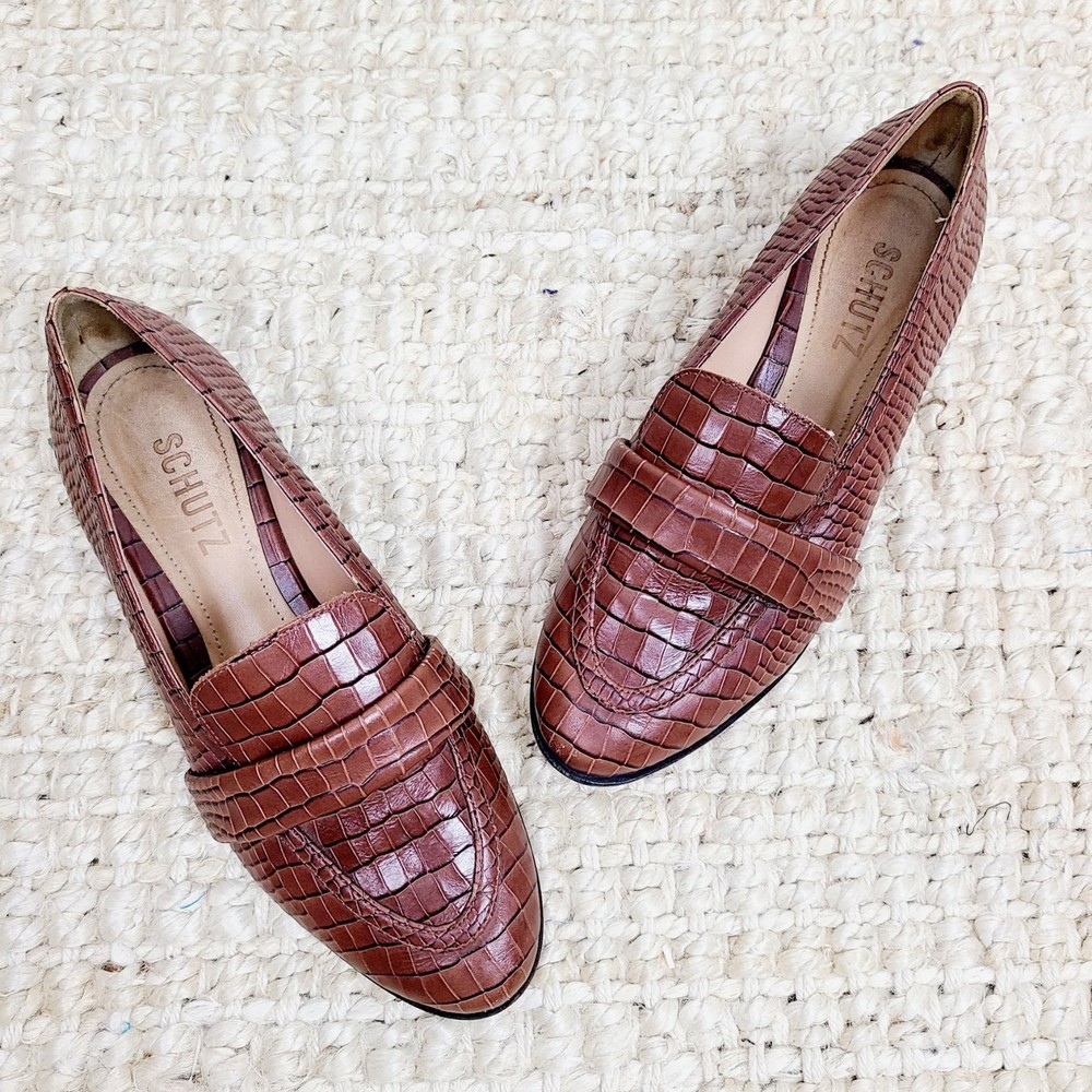 Schutz Crocodile Loafers 7 Brown Leather Slip-On Block-Heel Business Career Shoe